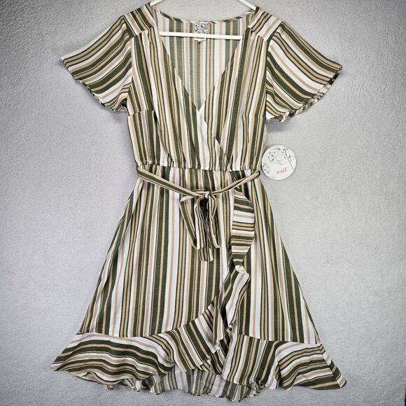 Naif Wrap Mini Dress Womens Medium V Neck Tie Waist Flounce Hem Stripped New - Picture 1 of 10